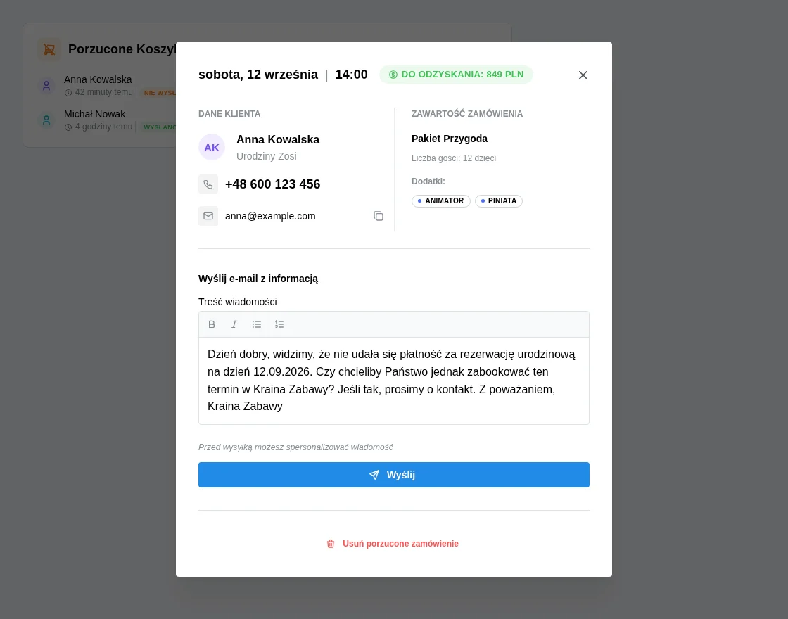 Prawdziwy ekran panelu bday.love ze szczegółami porzuconej rezerwacji i edytorem wiadomości e-mail