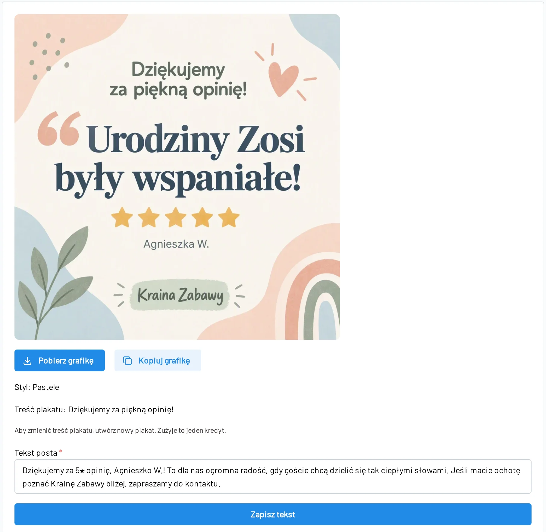 Prawdziwy szkic posta w bday.love: grafika AI z cytatem z opinii Google, przyciski pobierania i tekst posta
