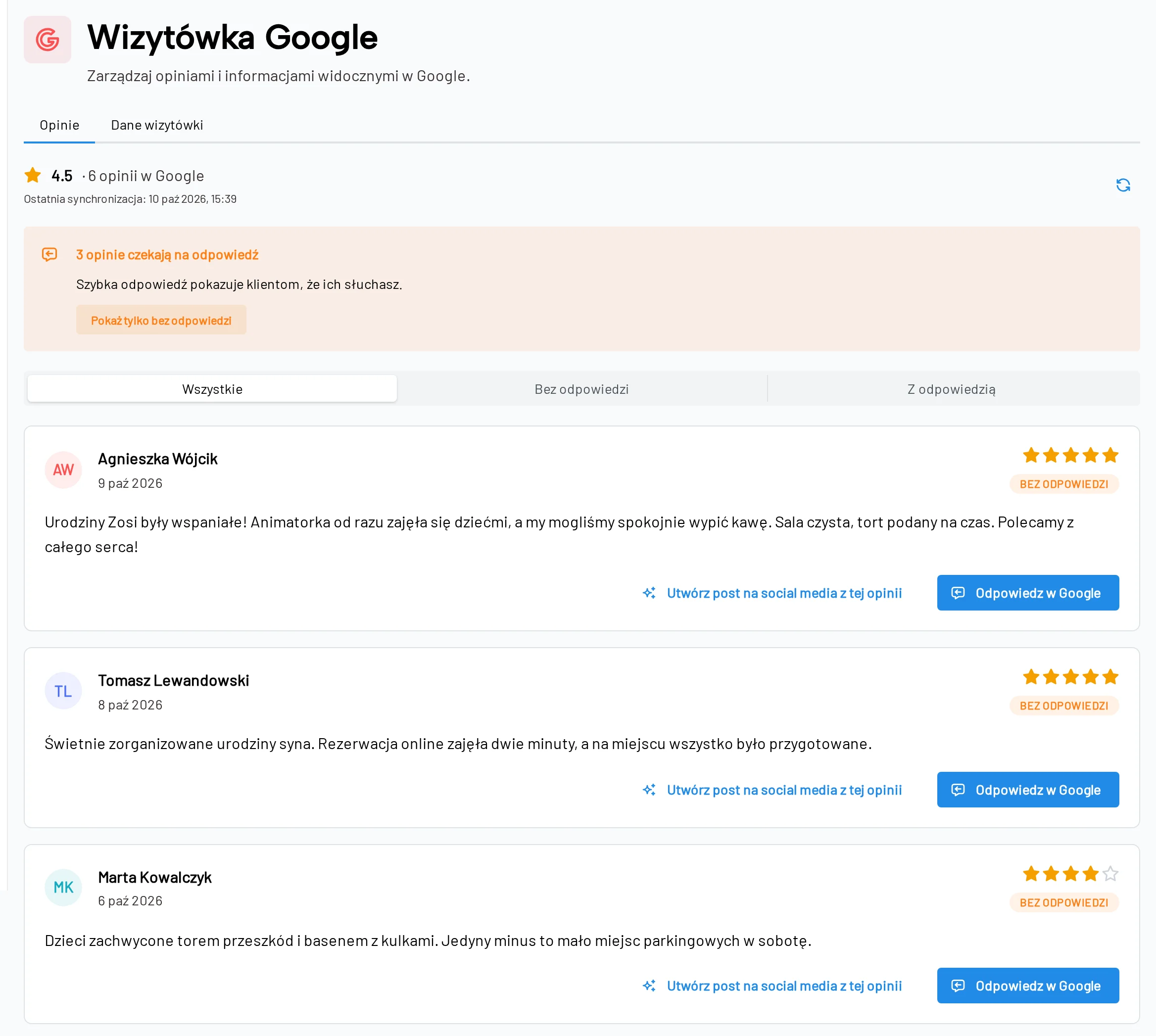 Prawdziwy widok opinii Google w panelu bday.love z licznikiem opinii czekających na odpowiedź