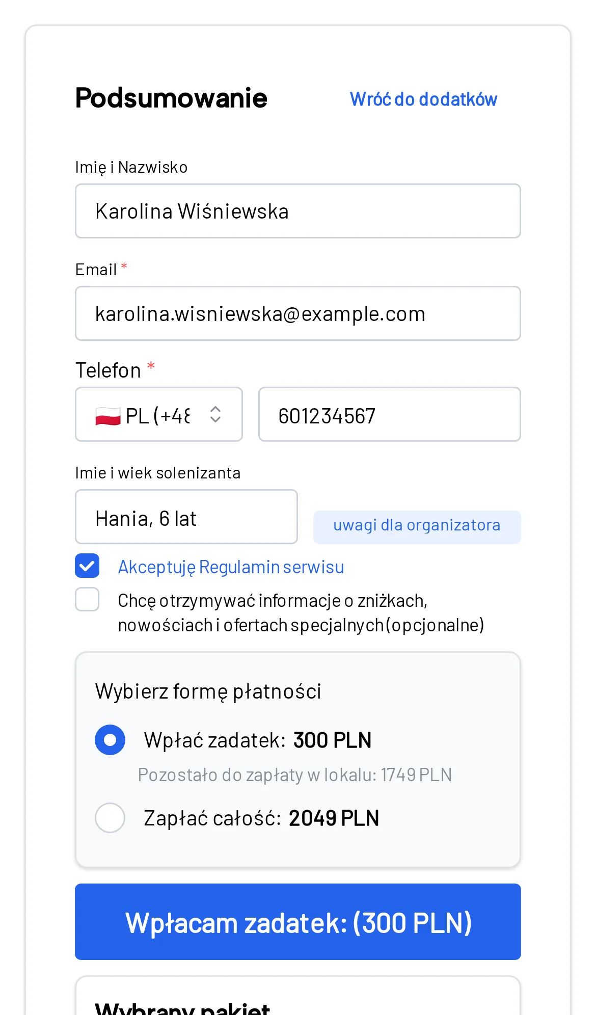 Podsumowanie rezerwacji z wyborem wpłaty zadatku lub całej kwoty online