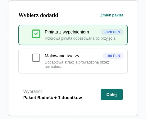Prawdziwy widok widgetu bday.love z wyborem dodatków do urodzin