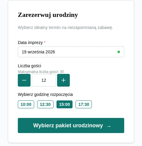 Prawdziwy widok widgetu bday.love z wyborem daty, liczby gości i dostępnej godziny
