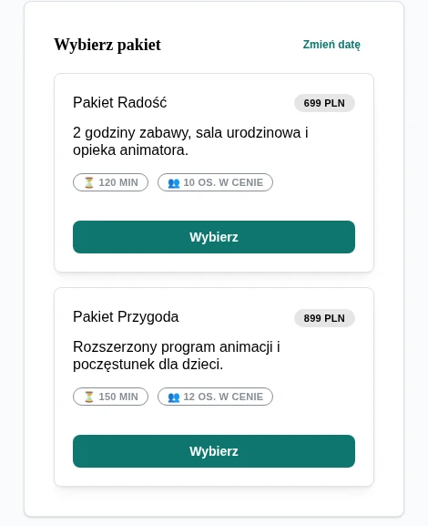 Prawdziwy widok widgetu bday.love z wyborem pakietu urodzinowego
