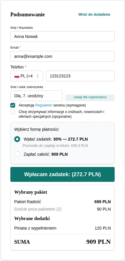 Prawdziwy mobilny widok podsumowania i wyboru płatności w widgetcie bday.love